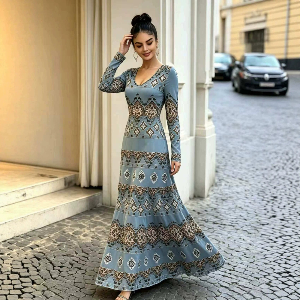 ZARA Vintage Tribal Print Waist Cinching Long Sleeve Flared Maxi Dress Slimming